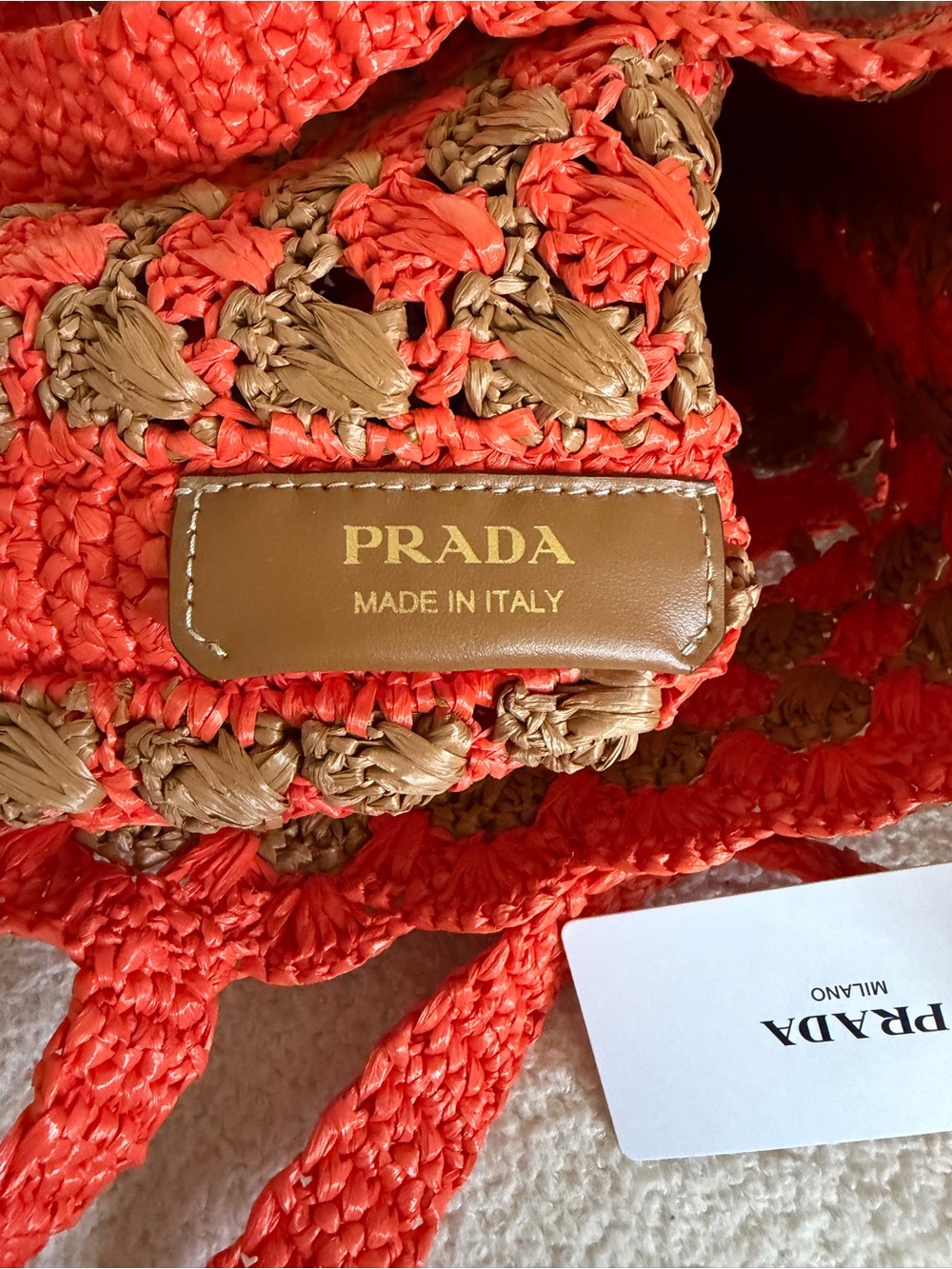 Prada Large Raffia Crochet Tote Bag Orange Brown Shopping Bag NWT - Picture 6 of 14